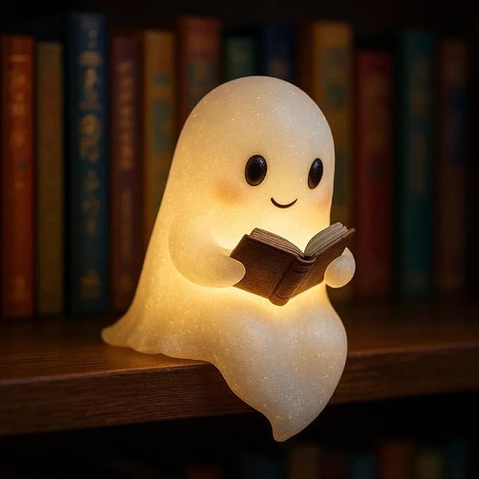 Cute Ghost Reading Book Lamp,Halloween Night Light,Warm LED Ghost Figurine for Home Decor Unique