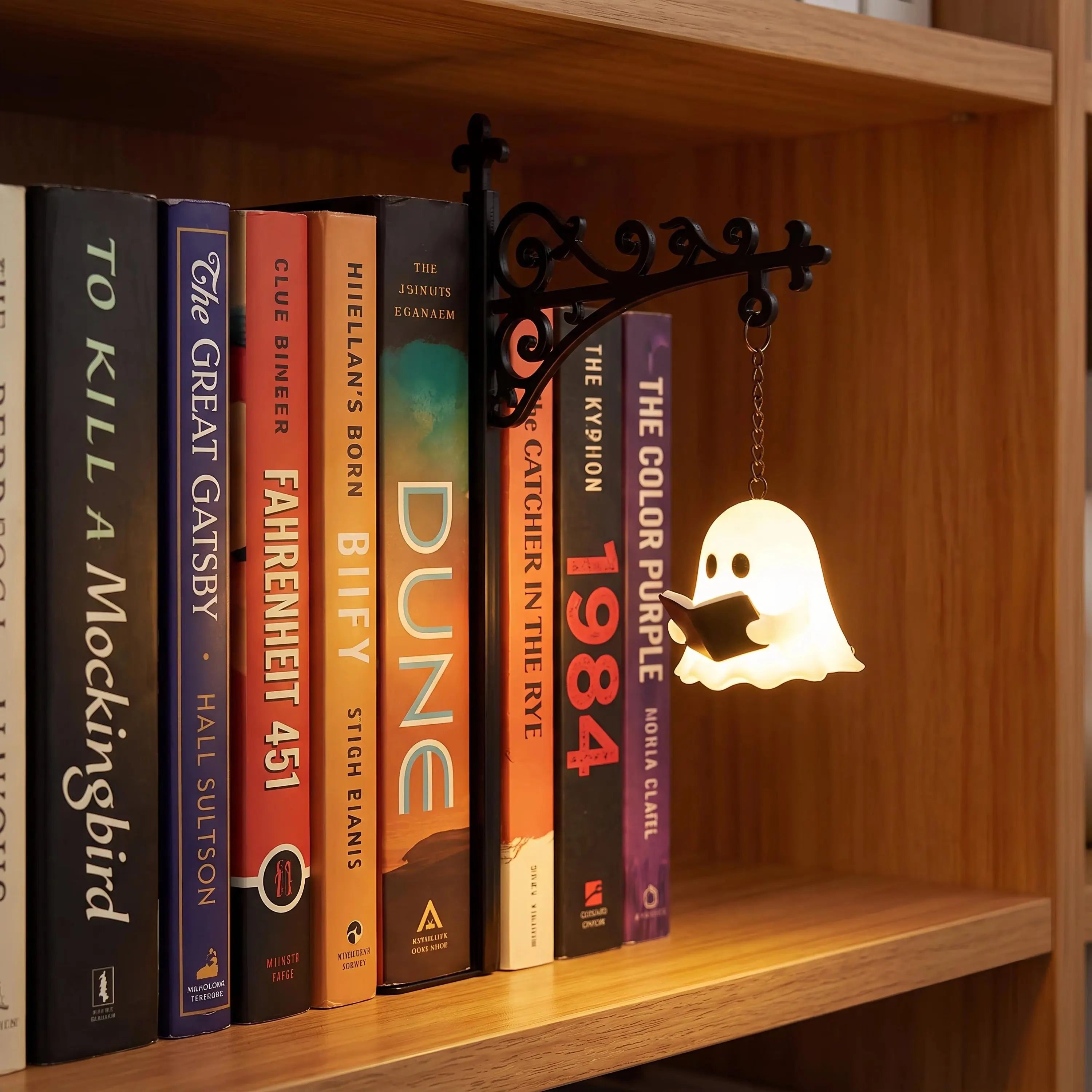 Gothic Victorian Hanging Bookend with Halloween Pumpkin Light – Vintage Scrollwork Iron, No-Drill Shelf Decor & Night Light Unique